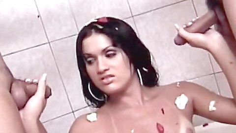 Latina teen with a hairy pussy gets fucked by two guys