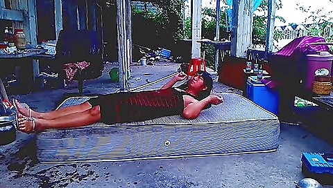 Asian beauty with a shaved pussy enjoys outdoor sex