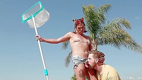 tattooed blonde trans girl sucks and rides a big black cock