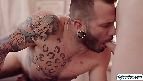 Sexy blonde masseuse gives a great massage to a guy