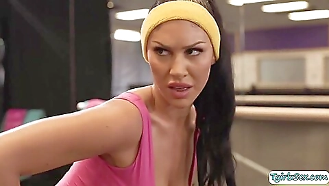 Beautiful babe does yoga with two men in her panties